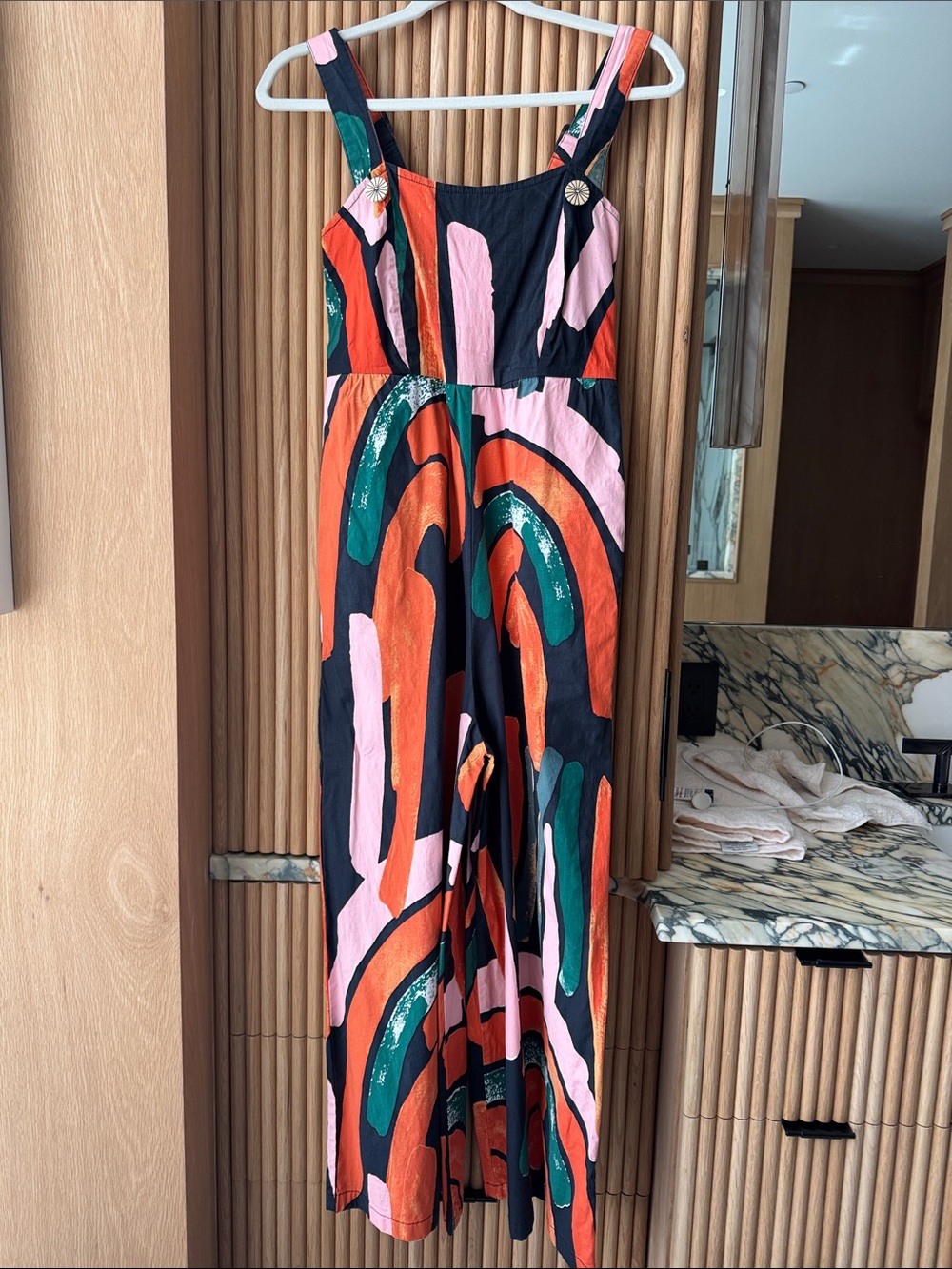 Abstract Multicolor Strap Jumpsuit in Black, Pink, Orange, and Green